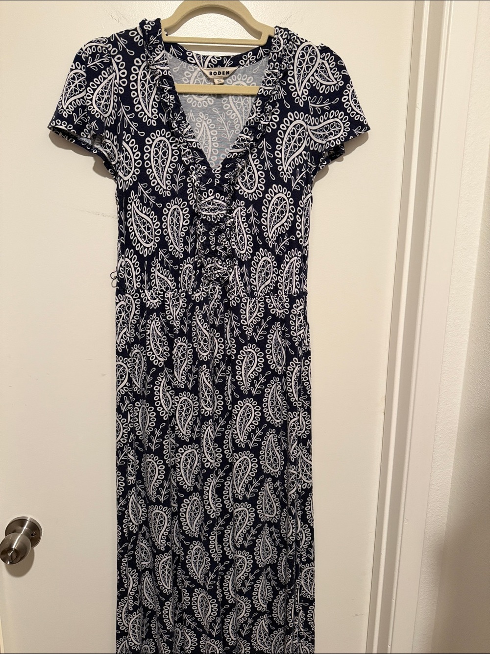 Boden Navy and White Paisley V‑Neck Maxi Dress